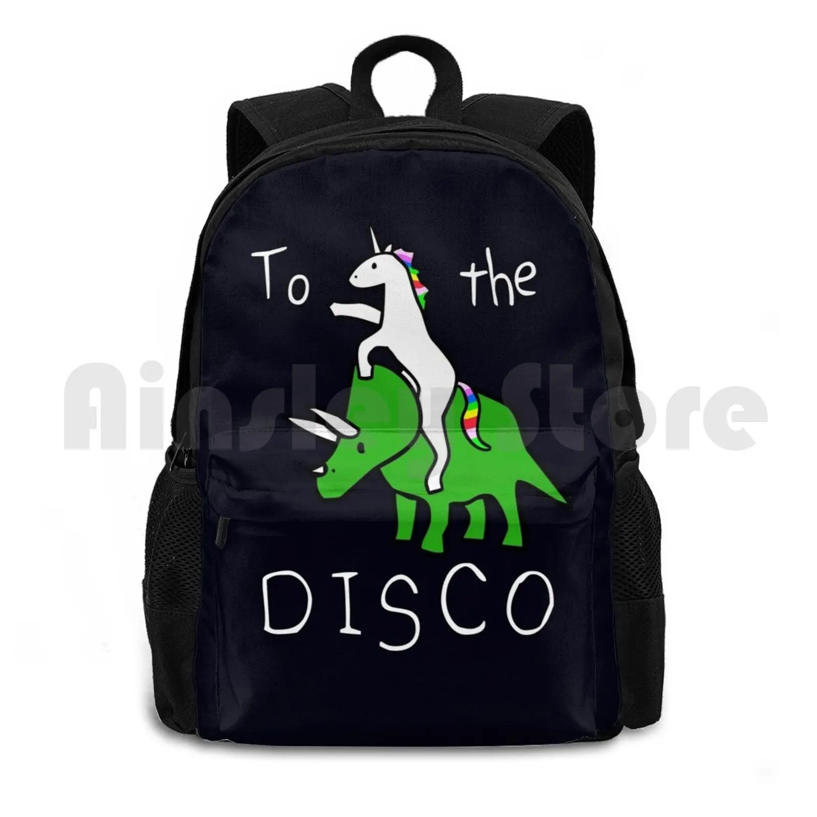 To The Disco ( White Text ) Unicorn Riding Triceratops Outdoor Hiking Backpack Riding Climbing Sports Bag Unicorn Dinosaurs