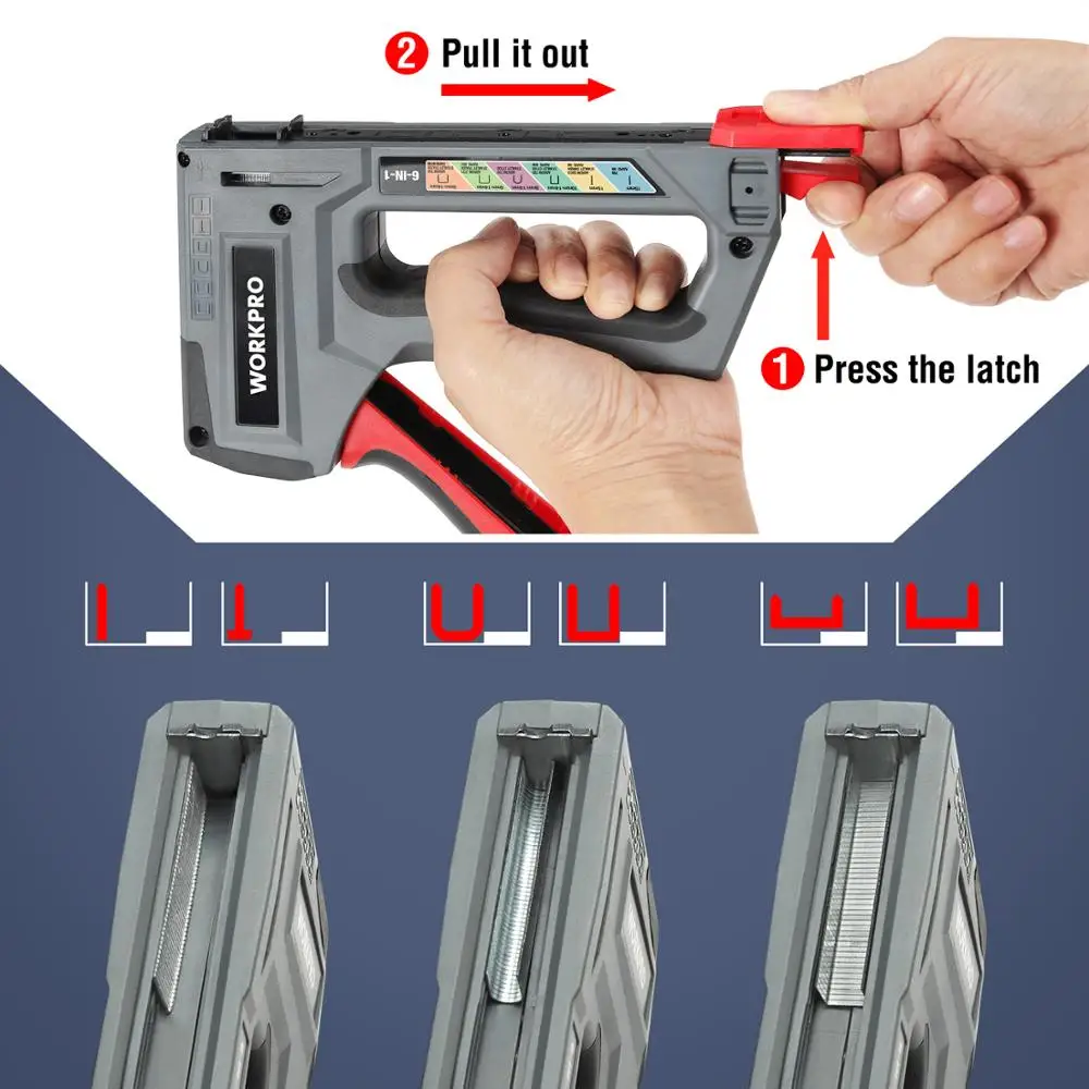 Workpro Licht Duty Nail Gun 6-In-1 Nietpistool Handleiding Brad Nailer Bekleding Nietmachine Voor Decoratie En timmerwerk