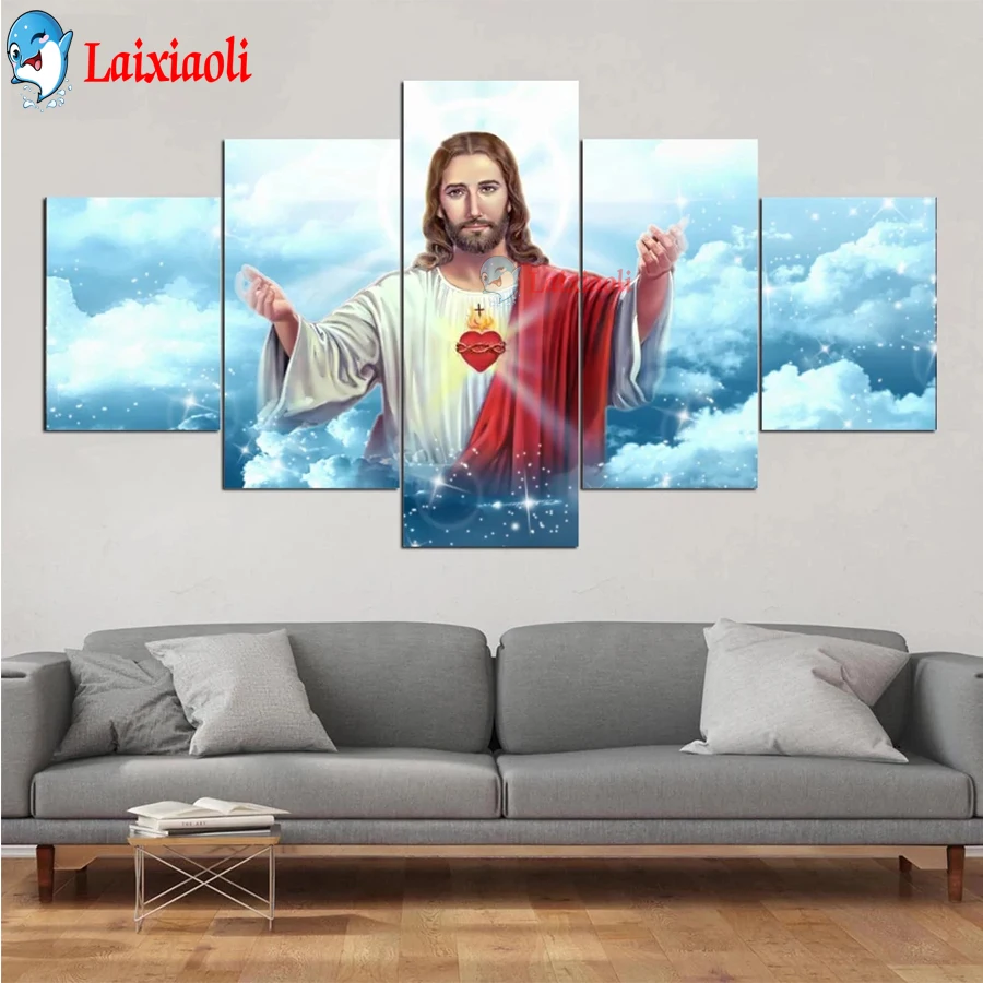 Wall Jesus Artwork DIY 5D Diamond Embroidery Rhinestone square Diamond Painting Cross Stitch Kit 5 Panel Modular For Living Room