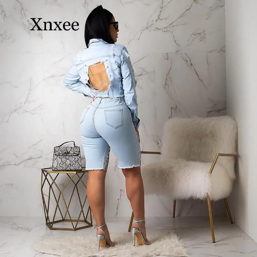 Hip Pop New Women Summer Streetwear Chain Hollow Out Black High Waist Knee Length Pants Light Denim Jeans Skinny Short Pants