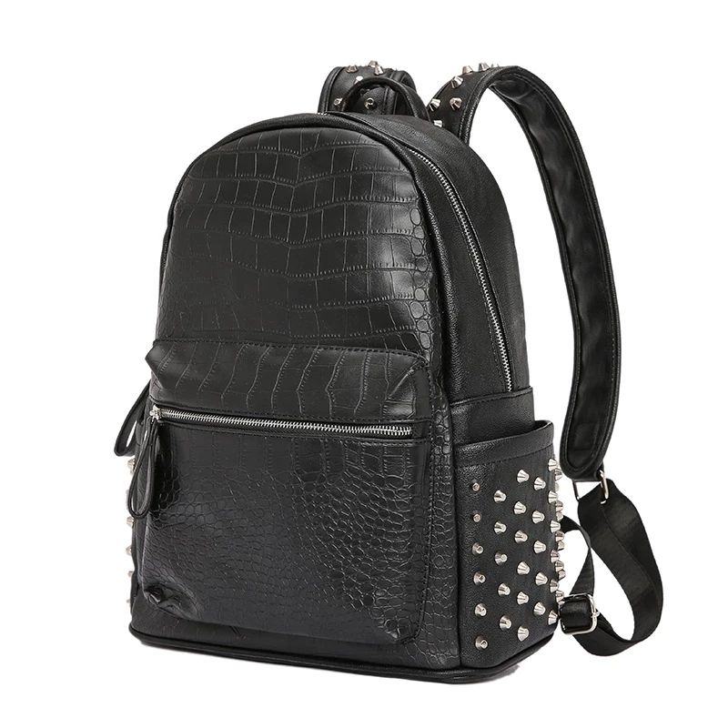 Fashion rivets men backpack Large capacity Crocodile pattern man laptop backpack 15.6 Casual Travel bag pu leather Bagpack black