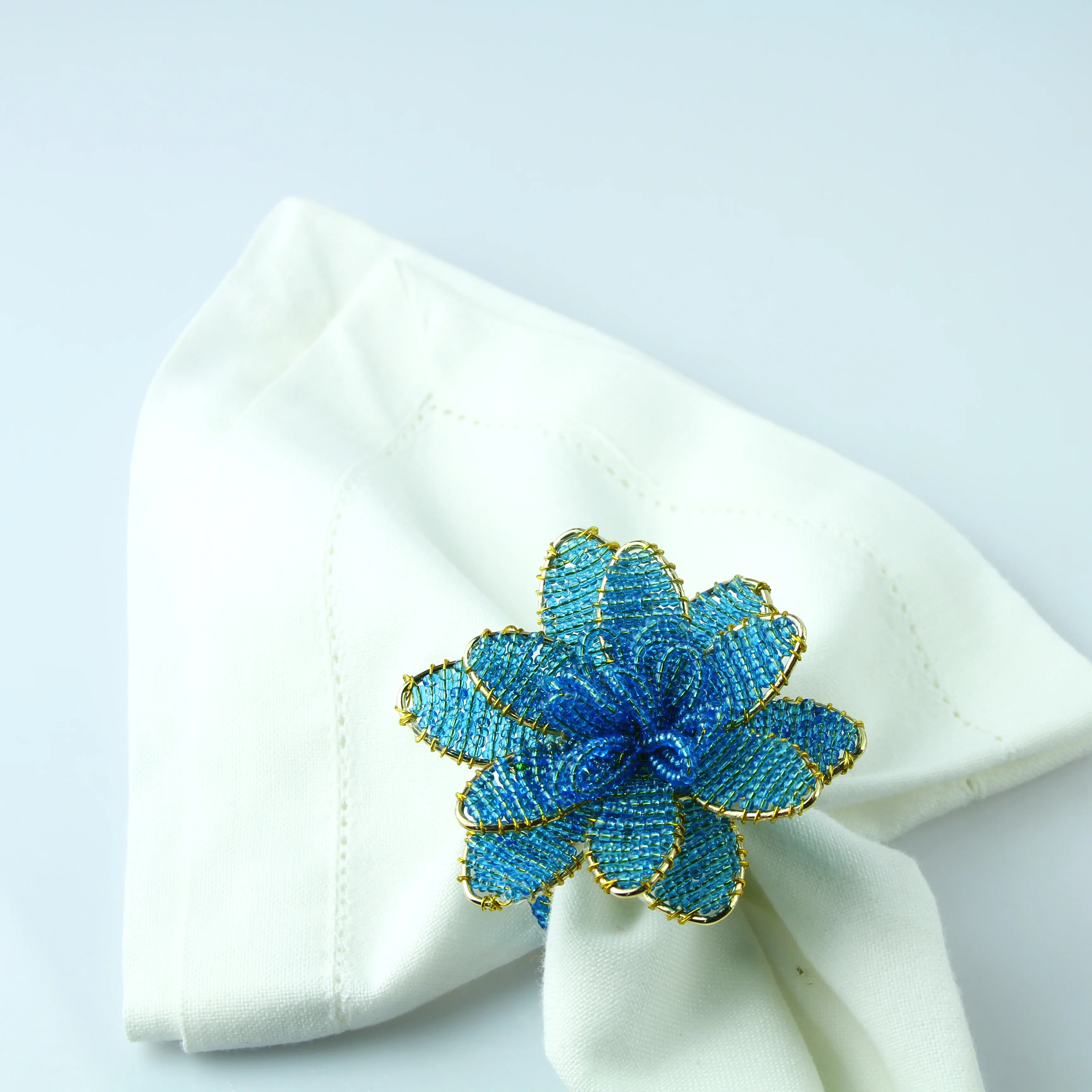 Free Shipping Wholesale Blue Glass Beads Flower Napkin Ring  10 Pcs