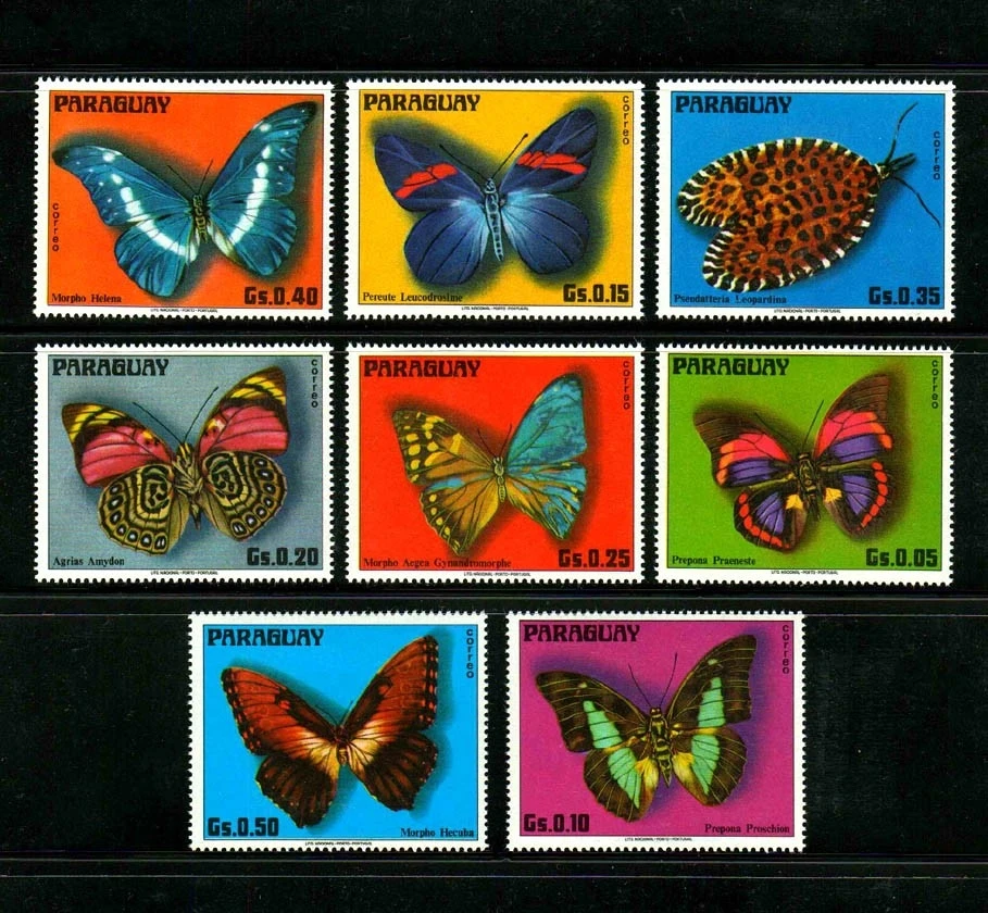 8Pcs/Set New Paraguay Post Stamp 1976 Butterflies Stamps MNH