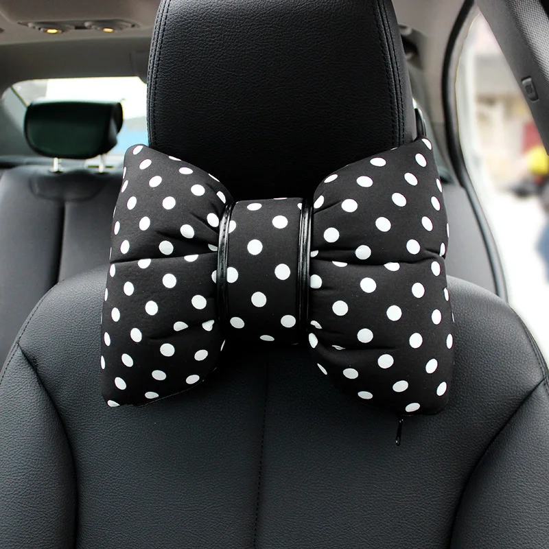 Classic Polka Dot Car Neck Support Pillow Universal Cotton Bow Seat Back Support Headrest Waist Pillow Car Interior Accessories