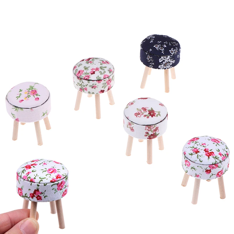 Round Floral Stool Chair ACC for Dolls House Decor Kids Children Pretend Play Toy 1/12 Scale Dollhouse Miniature Furniture