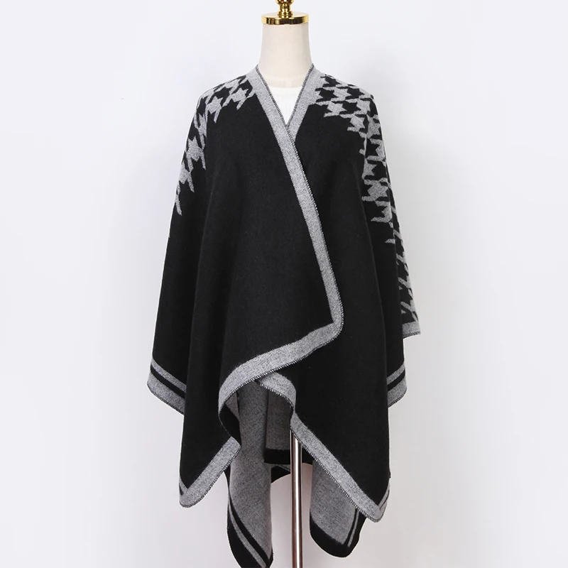 Fashion Imitation Cashmere Women Houndstooth Print Hooded Scarf Winter Warm Long Shawl Wrap Female Knitted Soft Thick Blanket