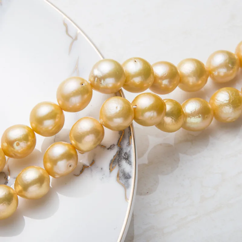 

popular Free shipping gold 12-14mm round genuine natural pearl freshwater 16inch jewlery making strand wedding gift girl