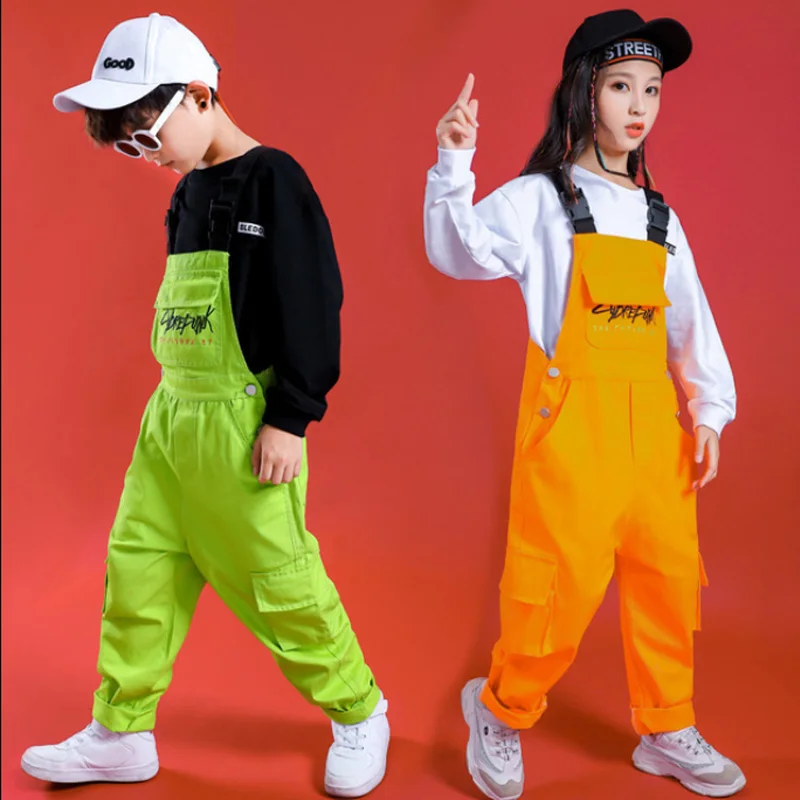 Ropa de Hip Hop para niños y niñas, Sudadera negra, Tops, pantalones de babero sueltos, disfraces de baile de Jazz, ropa de baile de salón