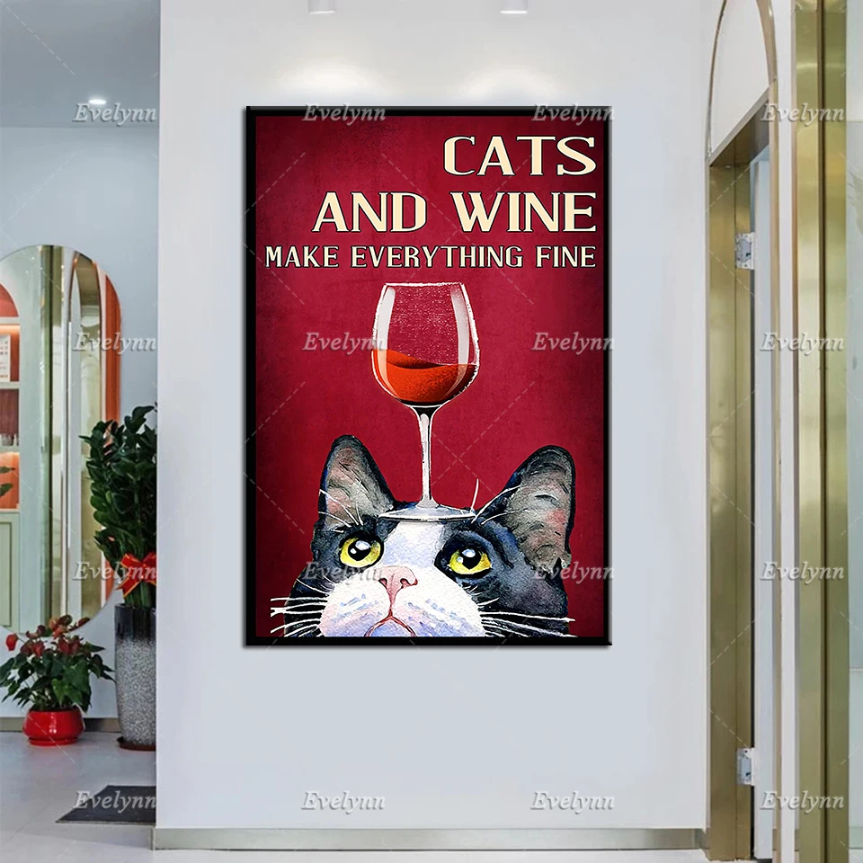 Cat Poster | Cats And Wine Make Everything Fine Vintage Poster, Cat and Wine Prints, Cat Lovers Canvas , Home Decor, Wall Art