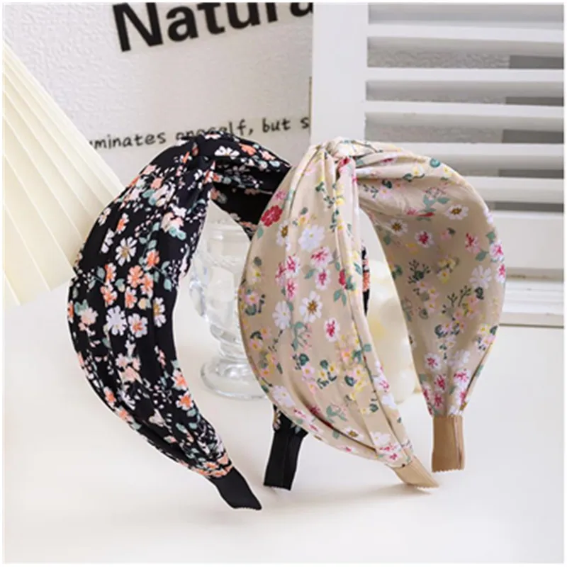 

2022 New Flowers Print Headband Cross for Women Headwear Mori Girls Hair Accessories Boho Wide Hairbands Ladies Head Band