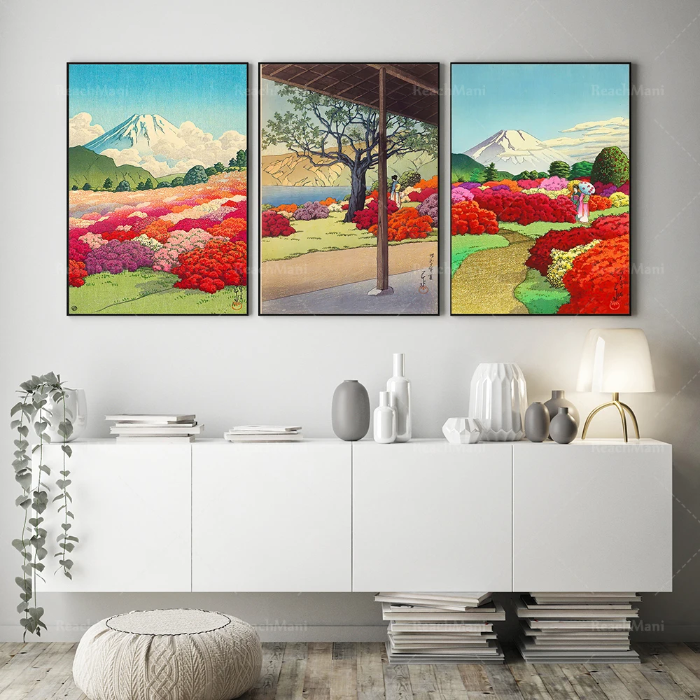 3-piece set of Japanese flowers on Mount Fuji by Kawase Hasui art poster