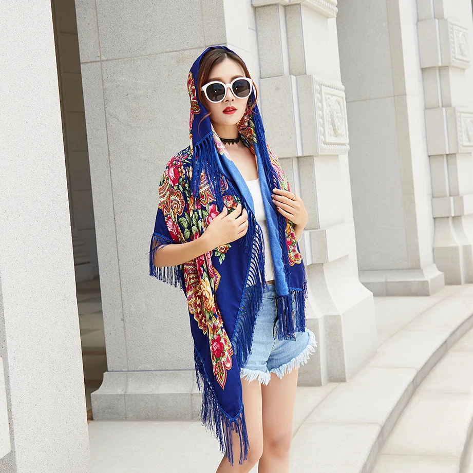 160cm Women Russian National babushka Scarf Lady Tassel Floral Print Cotton Headscarf Wraps Beach Travel Shade Shawls Bandana