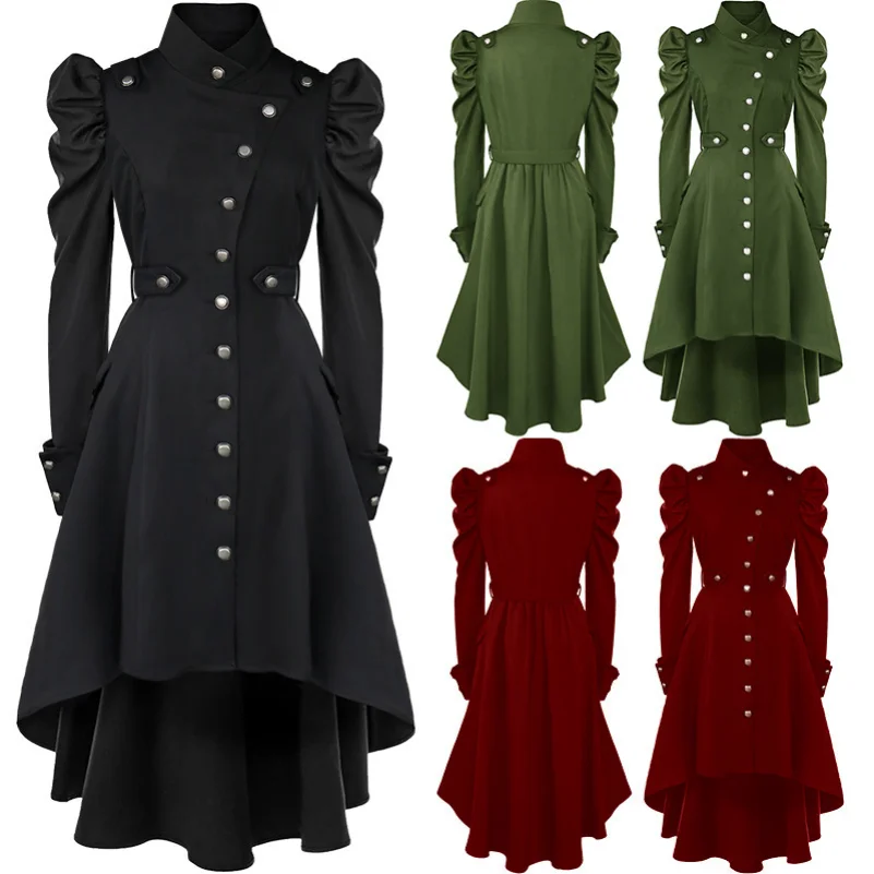 2024 Gotische Britse Stijl Jas Voor Vrouwen Middeleeuwse Steampunk Effen Kleur Onregelmatige Stand Kraag Jurk Halloween Vrouwelijke Outwear