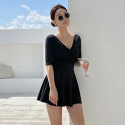 Short Sleeve One Piece Swimsuit Black Skirt Swimwear Women 2022 Solid Sexy Swimdress Slimming Korean Style Bathing Suit Female