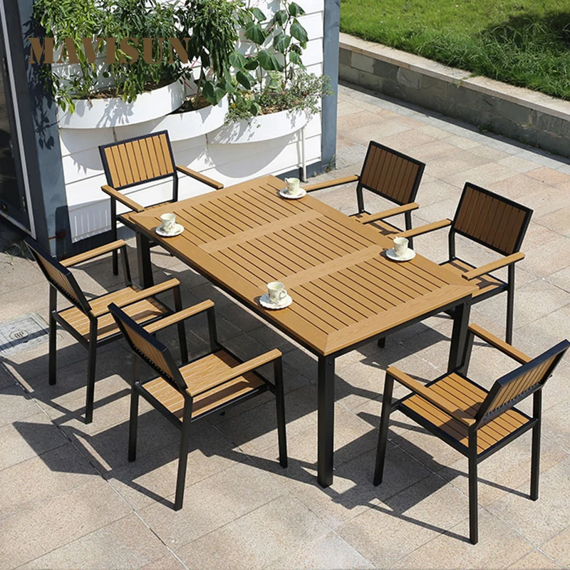 Outdoor Garden Cheap And Terrace Combination Plastic Wooden Patio Table And Chairs Northern Europe Style Furniture