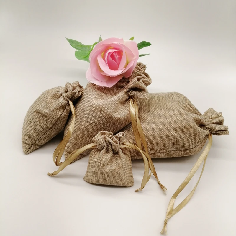 500pcs Linen Gift Bag Ribbon Jute Bag Sack Drawstring Jewelry Bags Pouch For Jewelry Packaging Display Wed Christmas Gift Bags