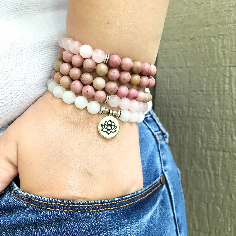 MG1352 Natural Rhodonite 108 Mala Bracelet Rose Quartz Moonstone Wrap Mala Bracelet Women`s Meditation Spiritual Yoga Jewelry