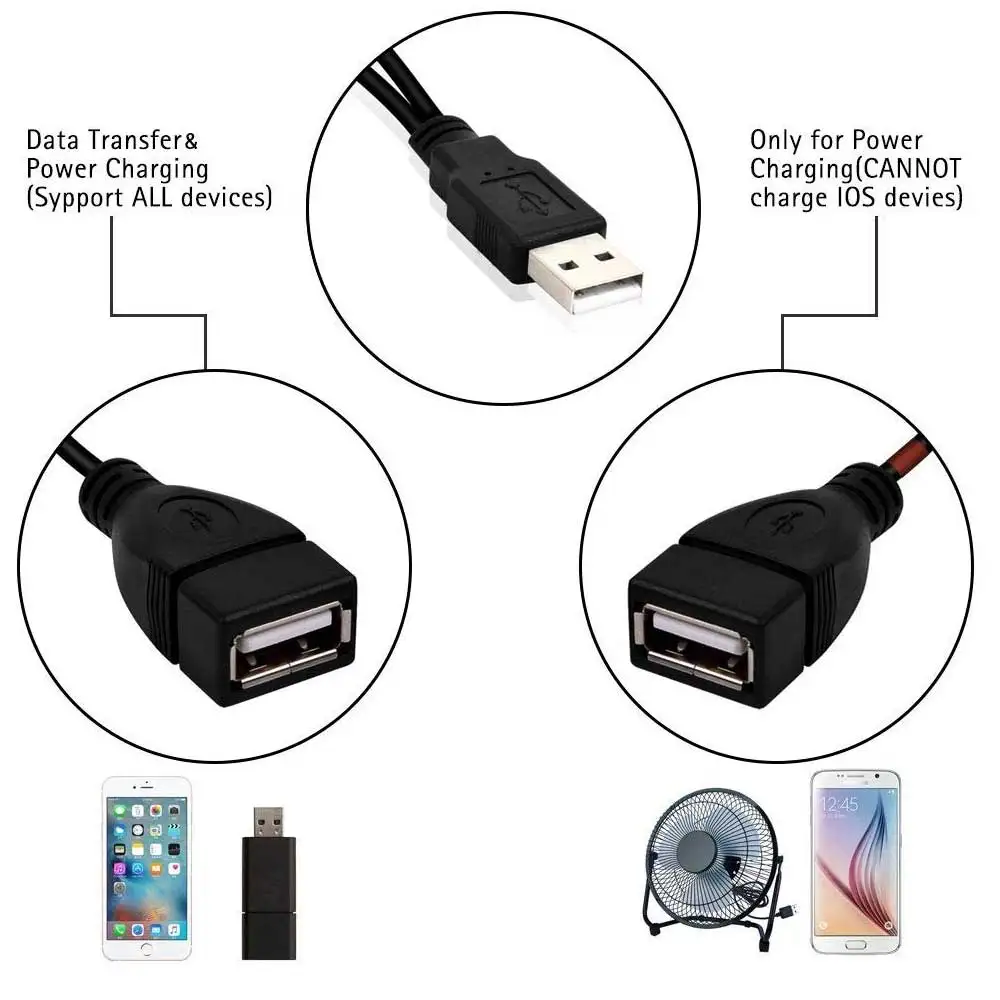Adaptador de Cable de alimentación para PC, teléfono y portátil, 2 en 1, USB 2,0, Hub USB 2,0 macho a 2 USB Dual hembra