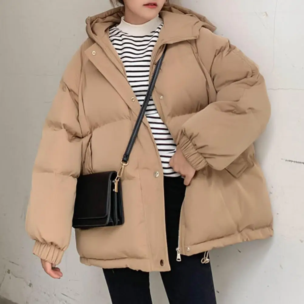 

Solid Color Hooded Women Coat Shrinkable Cuff Zipper Closure Long Sleeve Pockets Jacket Coat Outerwear