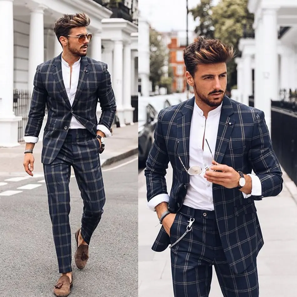 

Classic Handsome Men Check Tuxedos Custom Made Notched Lapel Slim Fit Plaid Blazer Smart Casual Daily Outdoor Suits 2 Pieces Set