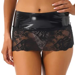 Jupe en cuir verni en dentelle transparente pour femme, taille basse, taille élastique, mini-jupe pour boîte de nuit, fête rave, pole légiti, vêtements de nuit sexy, 343