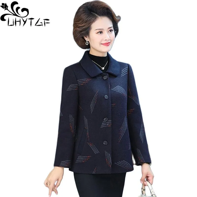 

UHYTGF 5XL Loose Size Women Coat Single Breasted Middle-Aged Elderly Mother Spring Autumn Trench Outerwear Casual Short Top 2218