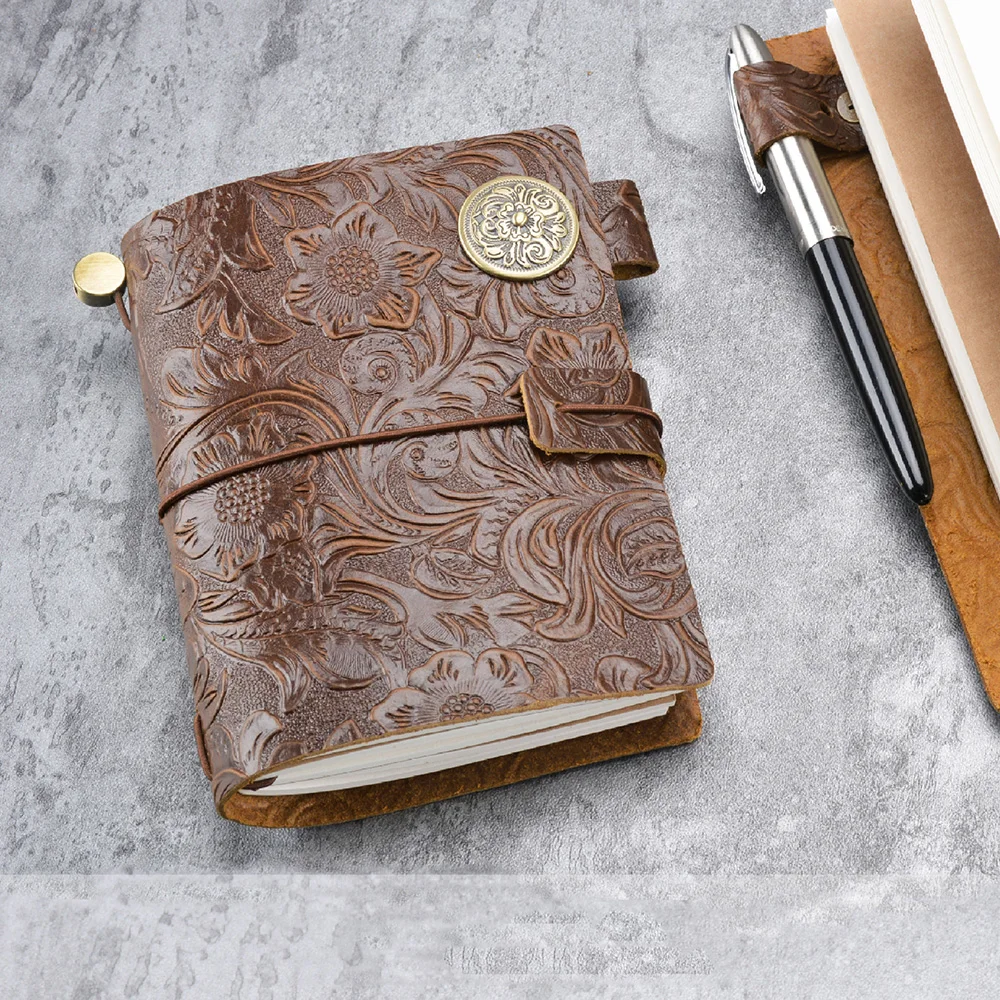 Carved Leather Notebook Retro Brown Travel Journal DIY Handmade Notebooks Loose-leaf Book Portable Sketchbook Exquisite Gift