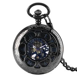 Chain Watch Top Luxury Black Hollow Case Blue Skeleton Roman Number Dial Design Steampunk Mechanical Pocket Watch Gifts