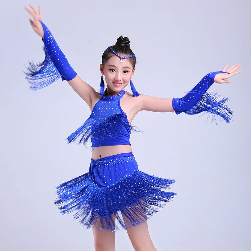 Kinderen Latin dance kleding meisjes pailletten kwasten Latin rokken kinderen Latijns kleren concurrentie kostuums