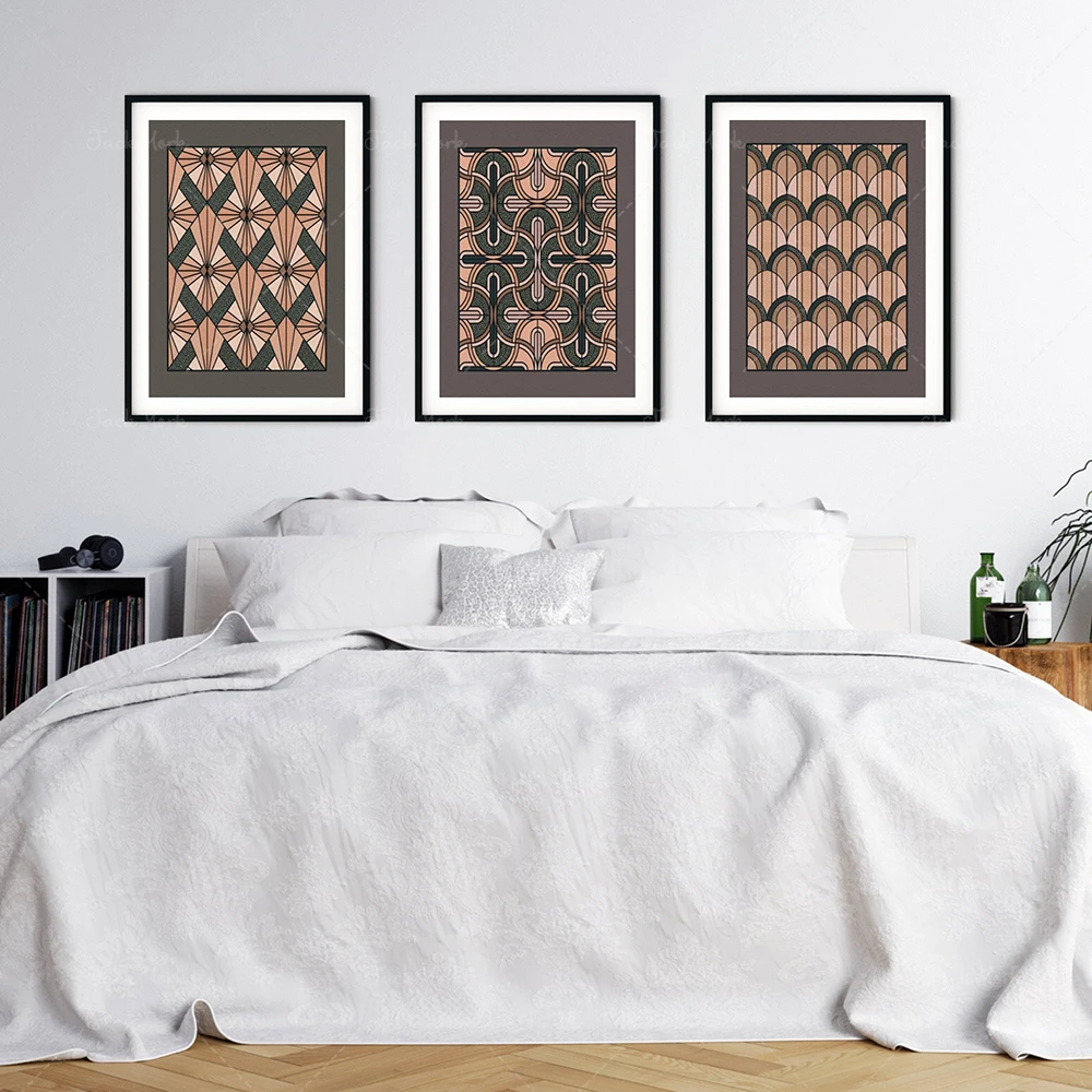 Art Deco Printable Artwork, Art Deco 3 Piece Wall Art, Art Deco Pattern Art Print, Boho Pink and Gray Art, Vintage Gallery Wall