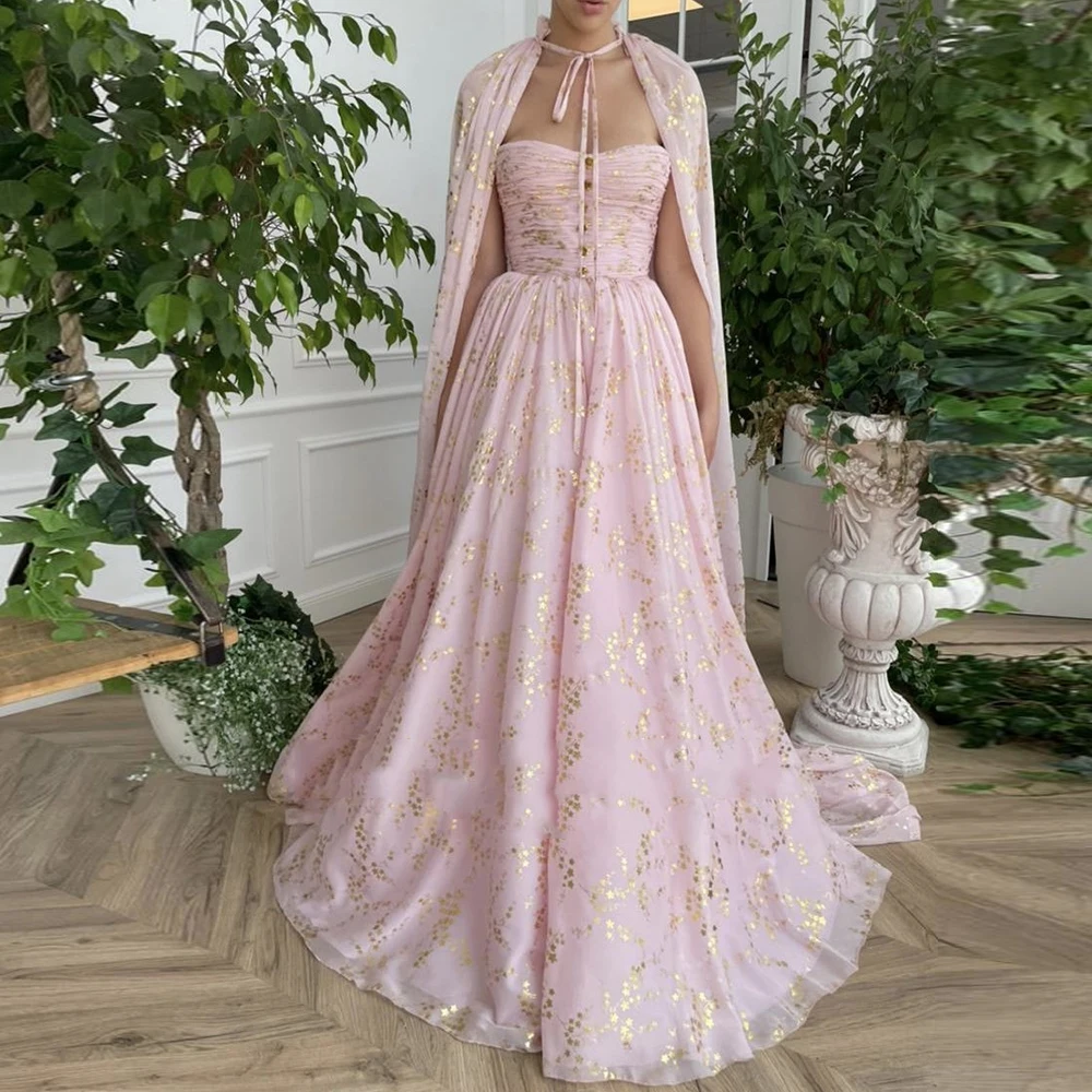 

Elegant Pink Chiffon Prom Dresses A-Line Strapless Ruched Printed Gilded Flowers Evening Gown Pockets Prom Gowns