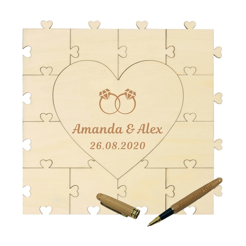 Personalized Engravced Wooden Puzzle Wedding Guest Book Wood Guestbook Heart Puzzle Bamboo Pen Gift Decoration Wedding fevor