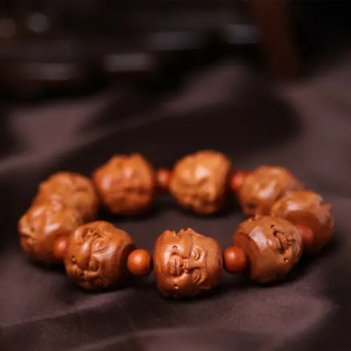 Bracelet à quatre faces bouddha & Pi Xiu Yao Foo chien Lion Sculpture sur bois chinois, Bracelet à main