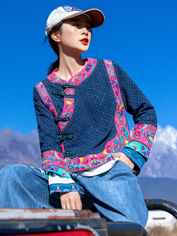 Chinese Dress Embroidery Cyan Printing Qipao China Style Cheongsams Eight Treasures Auspicious Cloud Cheongsam Short Tang Jacket