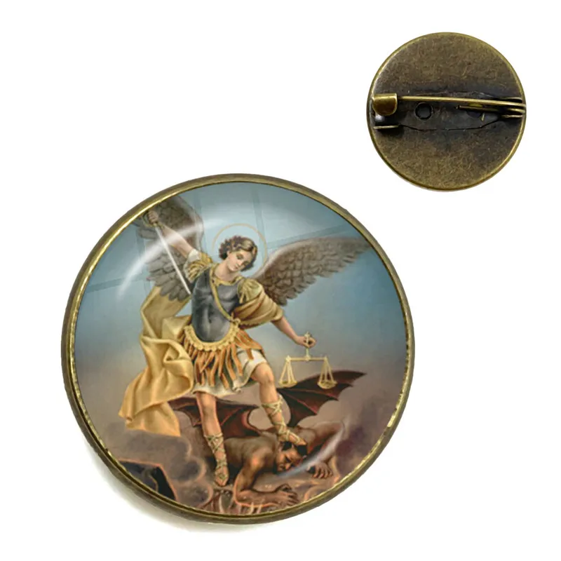 Glass Cabochon Brooch Archangel St.Michael Protect Me Saint Shield Protection Charm Russian Orhodox Collar Pins For Holy Gift