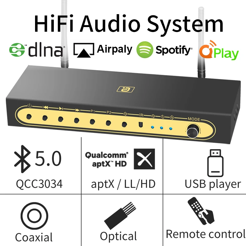 

WiFi Network Music Box aptXHD Bluetooth5.0 Audio Receiver Airplay Spotify DLNA NAS Optical Coaxial AUX Conversion Adapter DAC