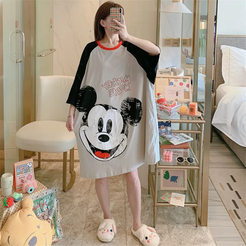 Cartoon Mickey Duck Fashion Print Summer Short Sleeve Nightdress Pajamas Women's Summer Long Skirt Loose Home Wear Pajamas