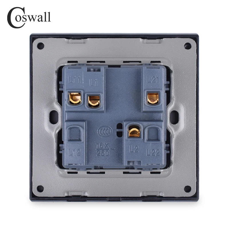 COSWALL 2 Gang 1 Way Crystal Tempered Glass Panel Light Switch On / Off Rocker Wall Switch Interruptor 16A Black White Grey Gold