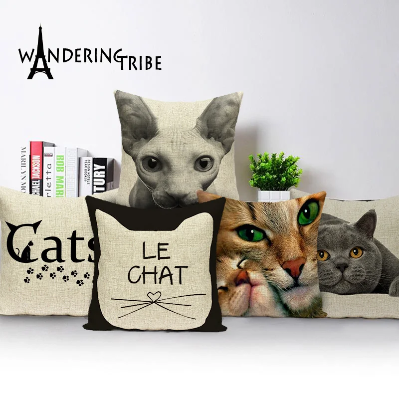 Wandering Tribe New Cartoon Lovely Cat Black Decorative Cushion Cover Throw Pillowcase Linen Fabric Home Decor Sofa Bed Kissen