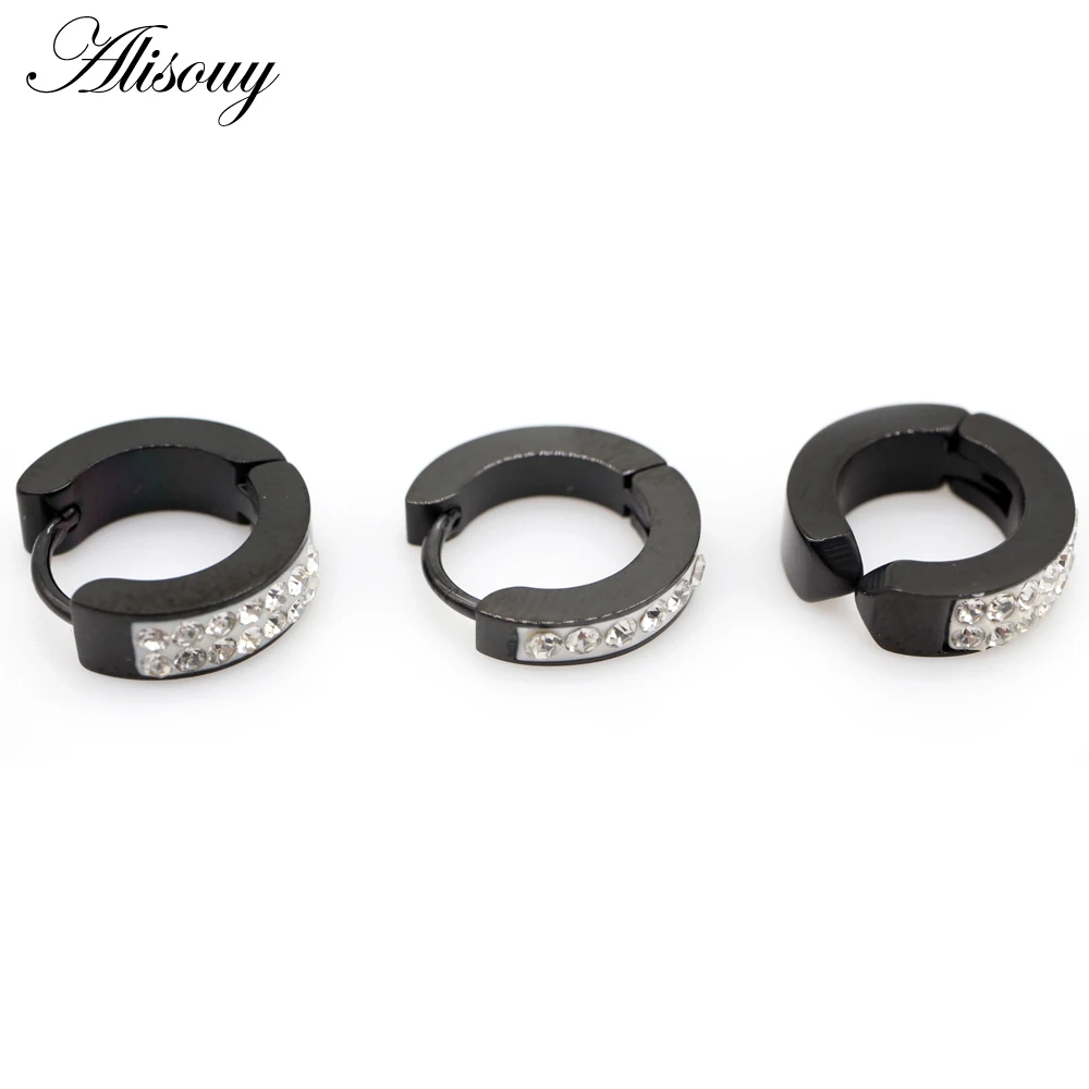 Alisouy 2pcs Cute Crystal Zircon Small circle Round Hoop Earrings For Women Men Stainless Steel Ear Cuff Brincos Huggie Jewelry