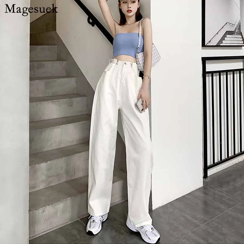 

Wide-leg Solid White Straight-leg Pants Loose Woman Jeans Autumn Button High-waist Denim Pleated Mopping Trousers Old Pant 11477