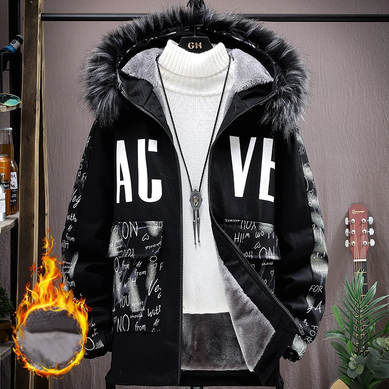 

Winter 2021 New Men's Hooded Large Fur Collar Printed Cotton-padded Coat Fleece Thick Fashion Warm Winter Jacket Men Drop Ship