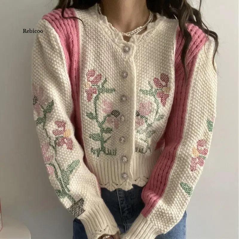 Hollow Out Knitted Cardigan Thin Coat Jacket Women Sweater Outerwear Autumn New Korean Slim Croche Sweater Pink Casual Coat Tops