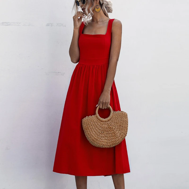 Summer Elegant Beach Robe Midi Dresses Women 2020 Square Collar Sexy Strap Backless Party Red Dresses Women's Tea-Length Gowns