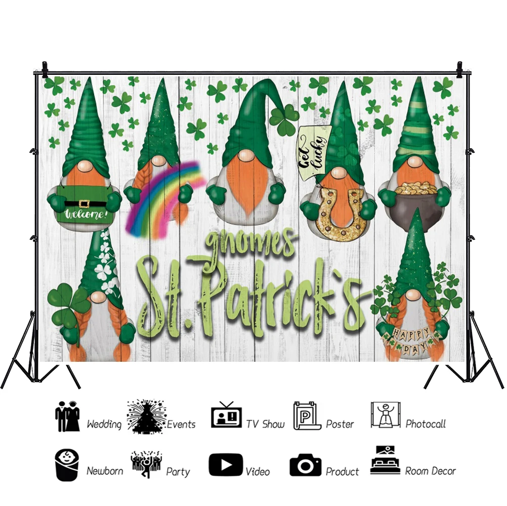 Happy St.Patrick's Day Hat Leprechaun Photography Backdrop Baby Portrait Party Decor Green Shamrock Spring Wood Board Background