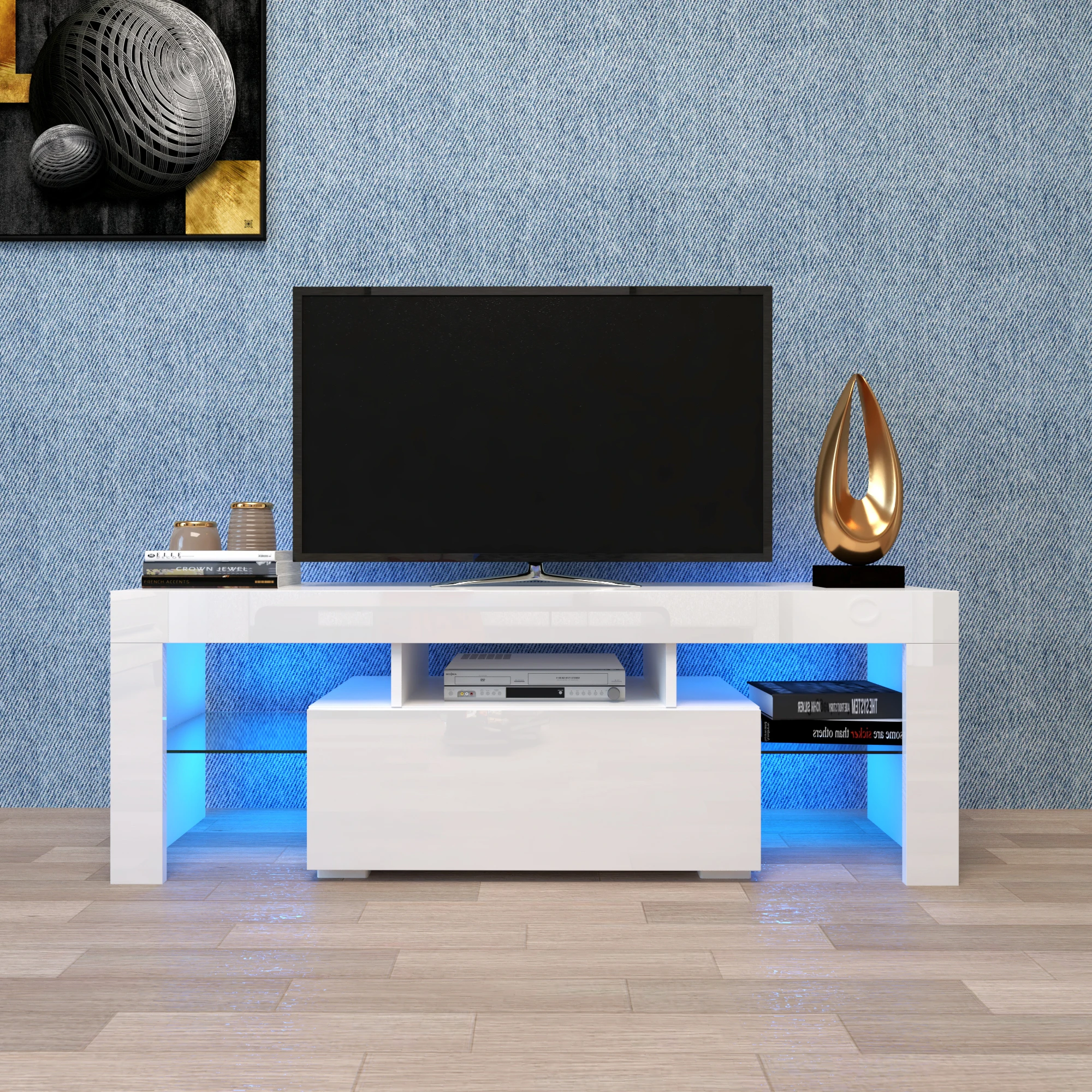 130×35×45cm TV Stand Large TV Stand TV Base Stand with LED Light TV Cabinet for Living Room