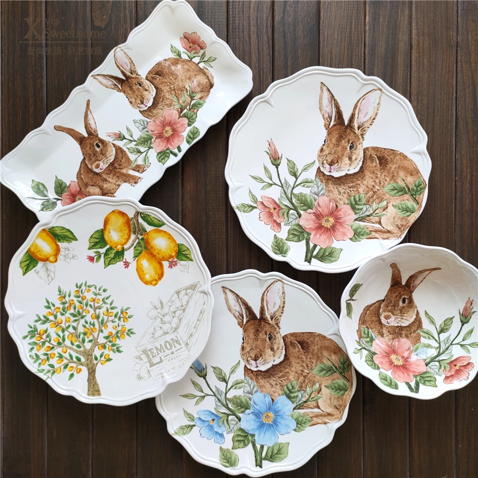 

Creative fish platter Ceramic Dinner Plates Dessert Fruit Snack Plate 14 Inch Rabbit Pattern Cutlery Easter Tableware Ceramic