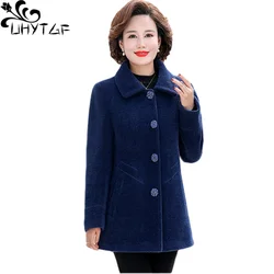 UHYTGF New Mother Autumn Winter Jacket Women Quality Mink Fleece Casual Woolen Coat Single-Breasted Loose 5XL Big Size Tops 1346