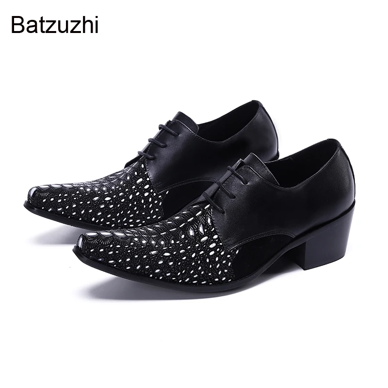 

Batzuzhi Luxury High Heels Men's Shoes Pointed Toe Black Genuine Leather Dress Shoes Men Lace-up Formal Business, Party Footwear