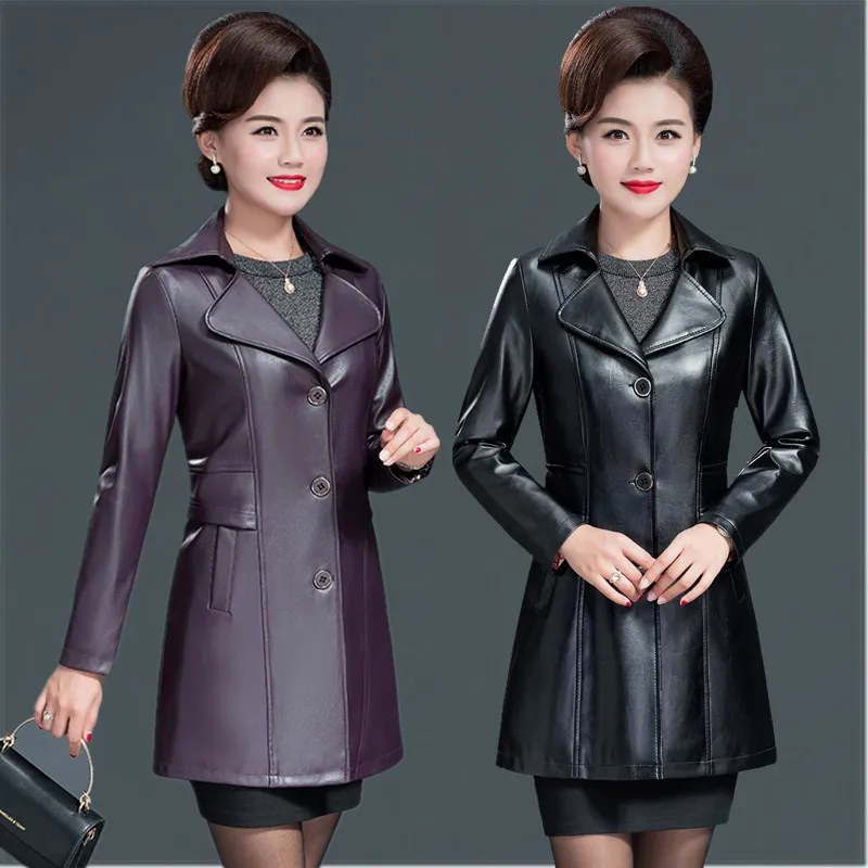 Chaqueta de cuero sintético para mujer de mediana edad, abrigo grueso, Delgado, con cintura larga, talla grande, para Otoño e Invierno